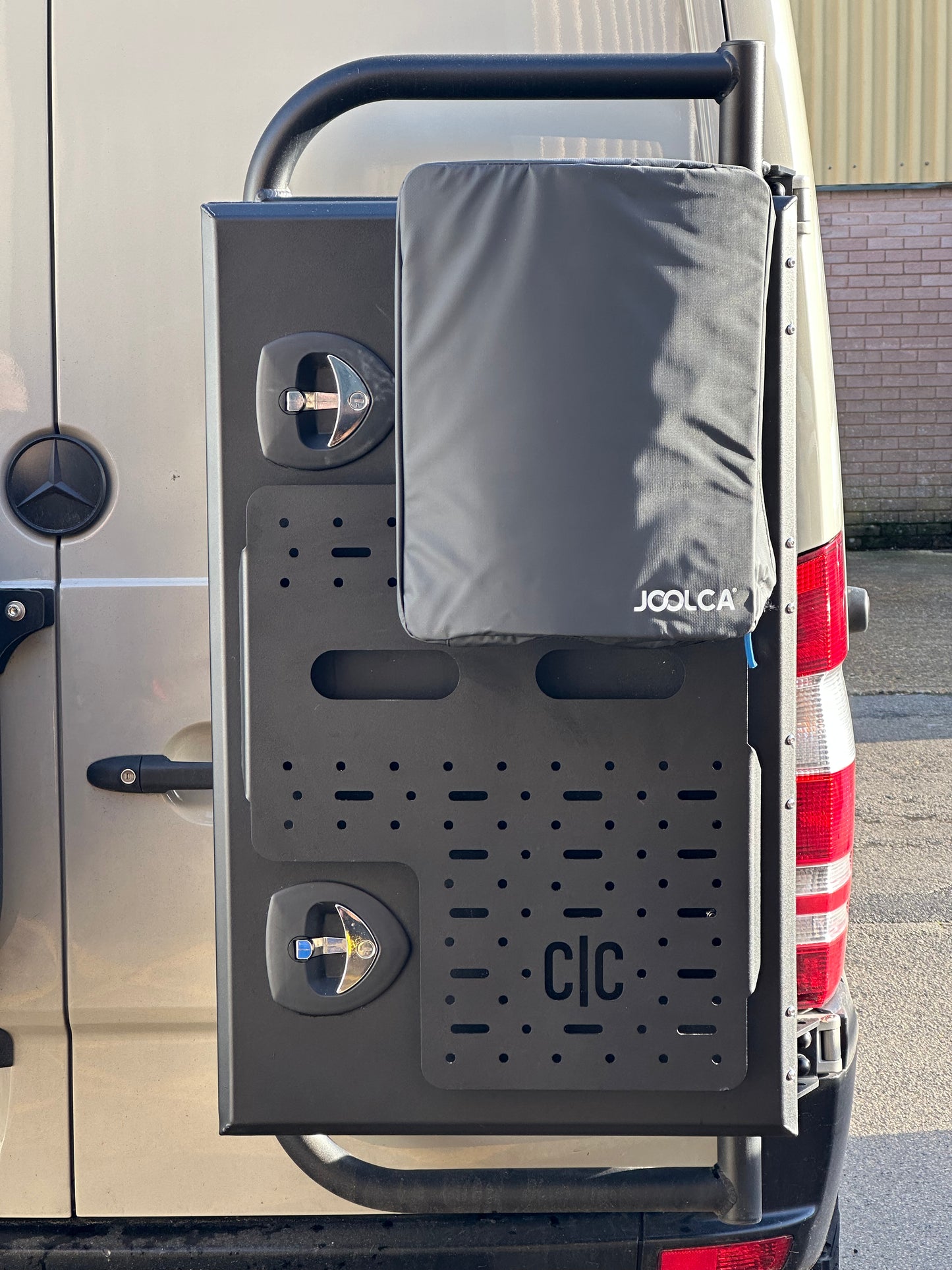 CC camper van rear door utility boxes, available in multiple sizes. Powder coated black to give that rugged overlander van look! Use alongside the Colehill Customs Rear Door utility carrier, 'the backpacker'.