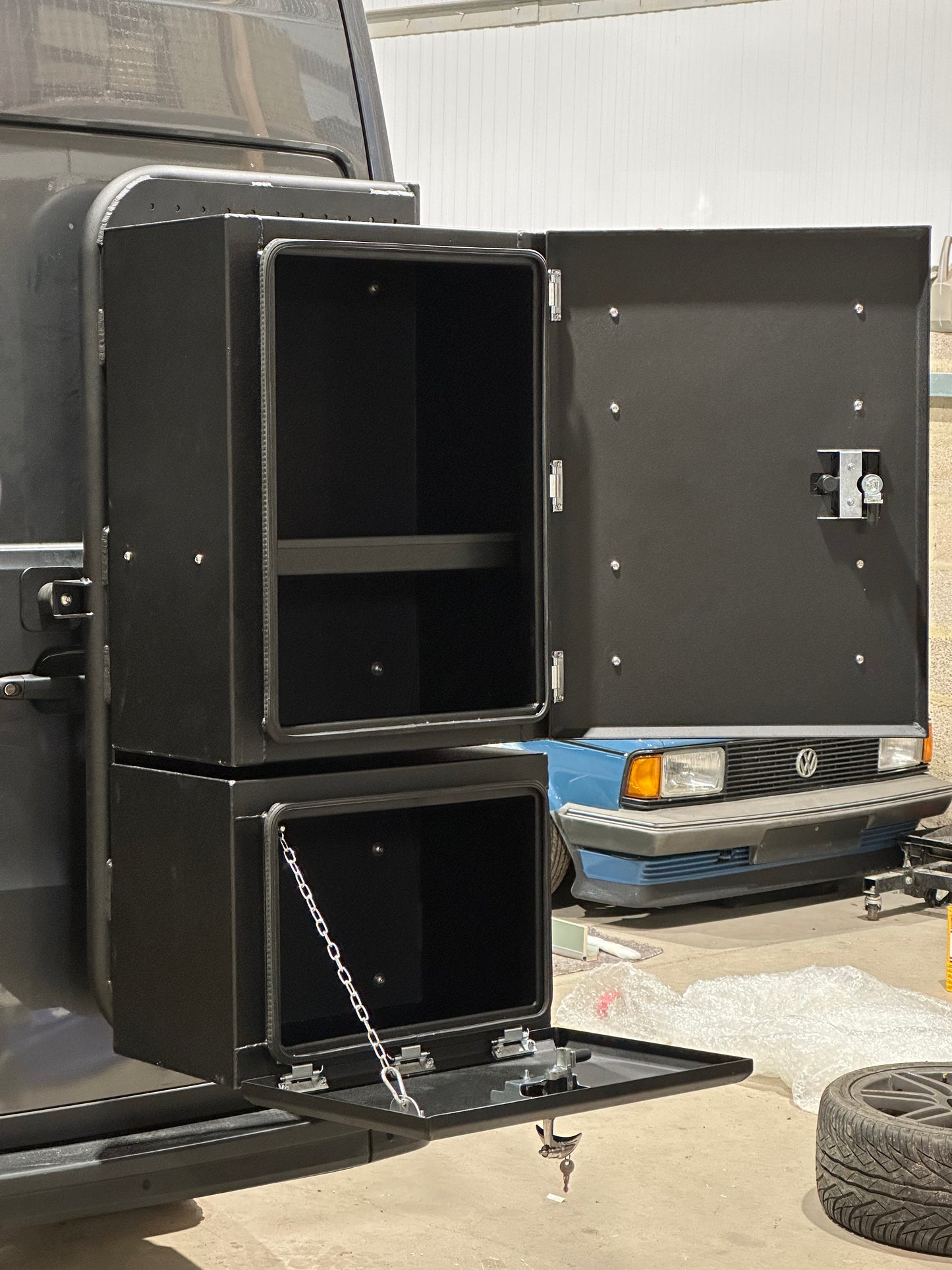 CC camper van rear door utility boxes, available in multiple sizes. Powder coated black to give that rugged overlander van look! Use alongside the Colehill Customs Rear Door utility carrier, 'the backpacker'