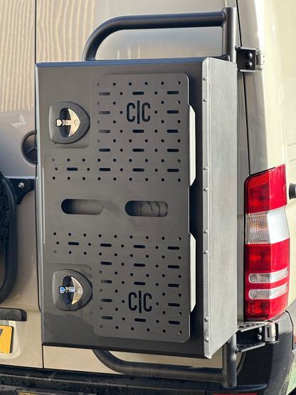 CC camper van rear door utility boxes, available in multiple sizes. Powder coated black to give that rugged overlander van look! Use alongside the Colehill Customs Rear Door utility carrier, 'the backpacker'