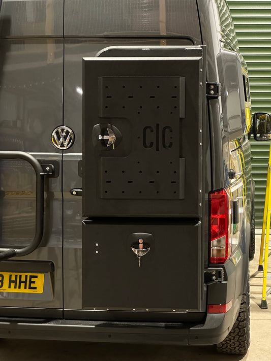 CC camper van rear door utility boxes, available in multiple sizes. Powder coated black to give that rugged overlander van look! Use alongside the Colehill Customs Rear Door utility carrier, 'the backpacker'